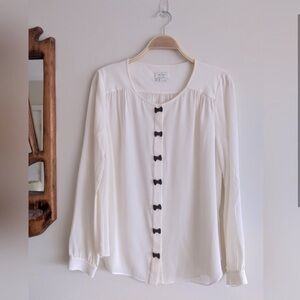 Kate Spade 100% Silk Bow Tie Blouse Cream White Black Tie Long Sleeve Size 8